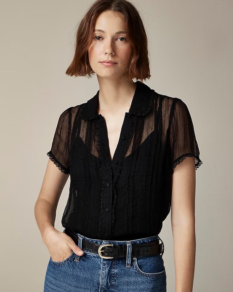 Sheer lace-trim button-up shirt | J. Crew US