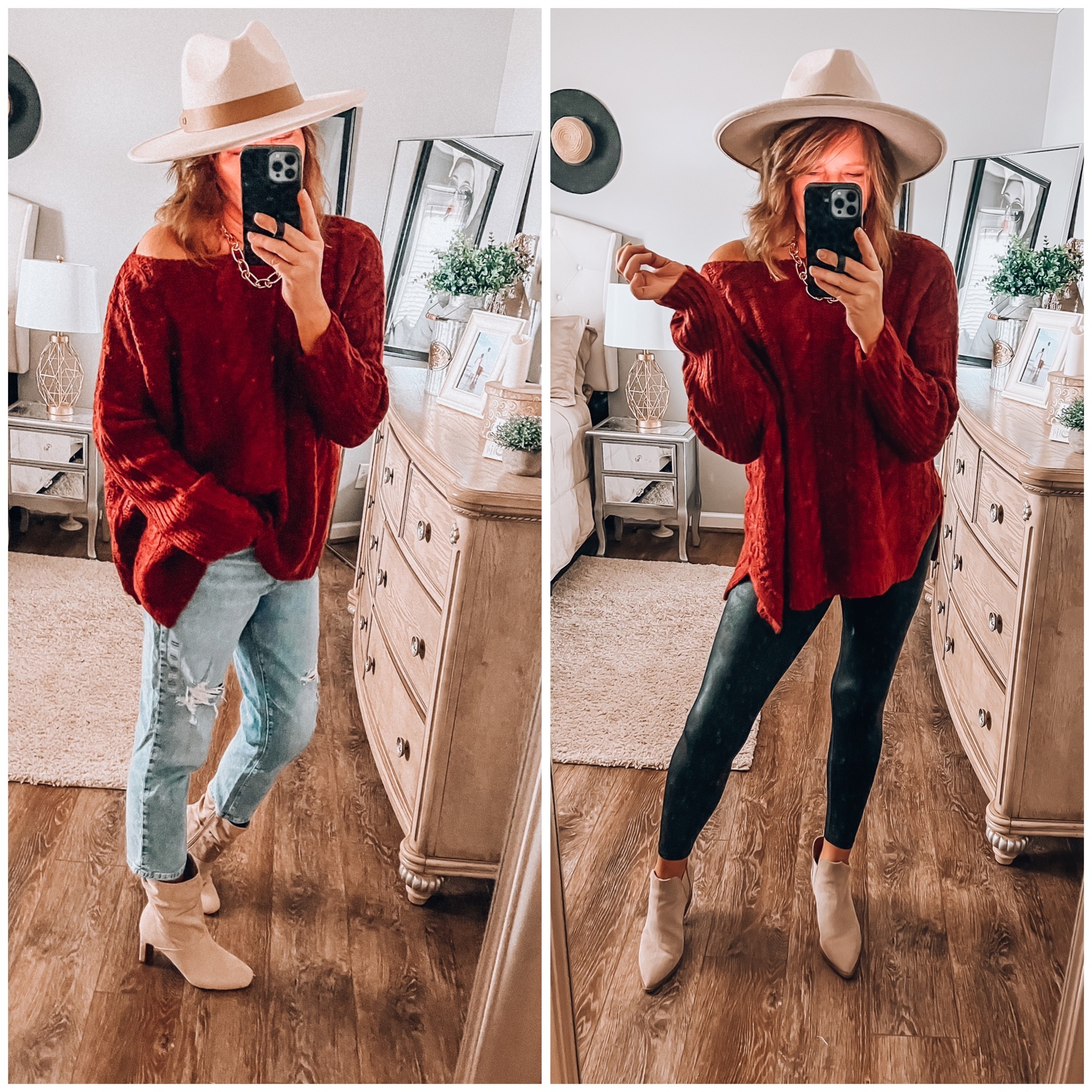 Burgundy sweater can be worn on or off shoulders, styled with leather leggings and straight jeans. Booties, boots, fall boots, fall outfit, fall sweaters, date night, sale, casual chic, casual outfit, weekend outfit 

#LTKsalealert #LTKstyletip #LTKunder50