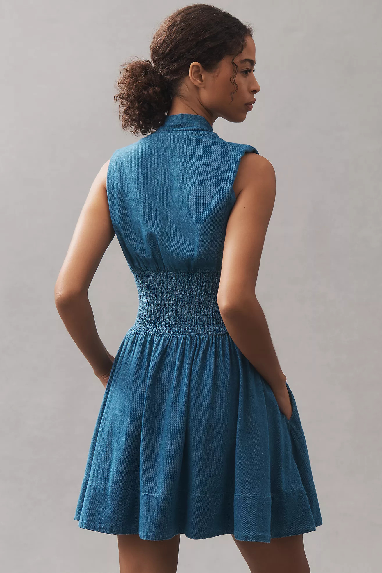 The Tommie Cap-Sleeve Smocked Front-Zip Shirt Dress: Mini Denim Edition | Anthropologie (US)