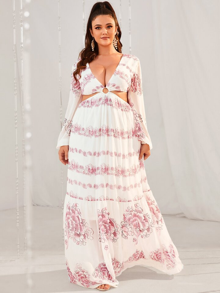 Giffniseti Plus Floral Print Cut Out O-ring Detail Dress | SHEIN