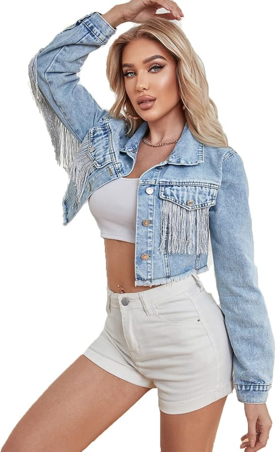 Women’s Crop Denim Jacket Tassel Casual Jean Coat With Fringe | Amazon (US)