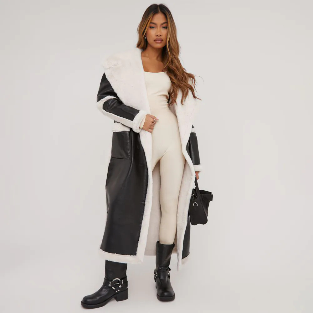 Oversized Borg Contrast Detail Maxi Aviator Coat In Black Faux Leather | EGO Shoes (US & Canada)