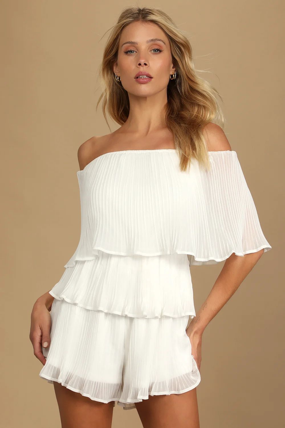 Gala Ready White Pleated Off-the-Shoulder Romper | Lulus (US)