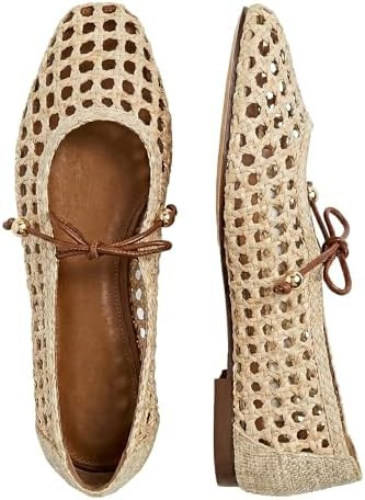 Women Woven Mesh Ballet Flats Raffia Lace up Ballerina Mary Jane Flats Fashion Casual Slip on Sho... | Amazon (US)