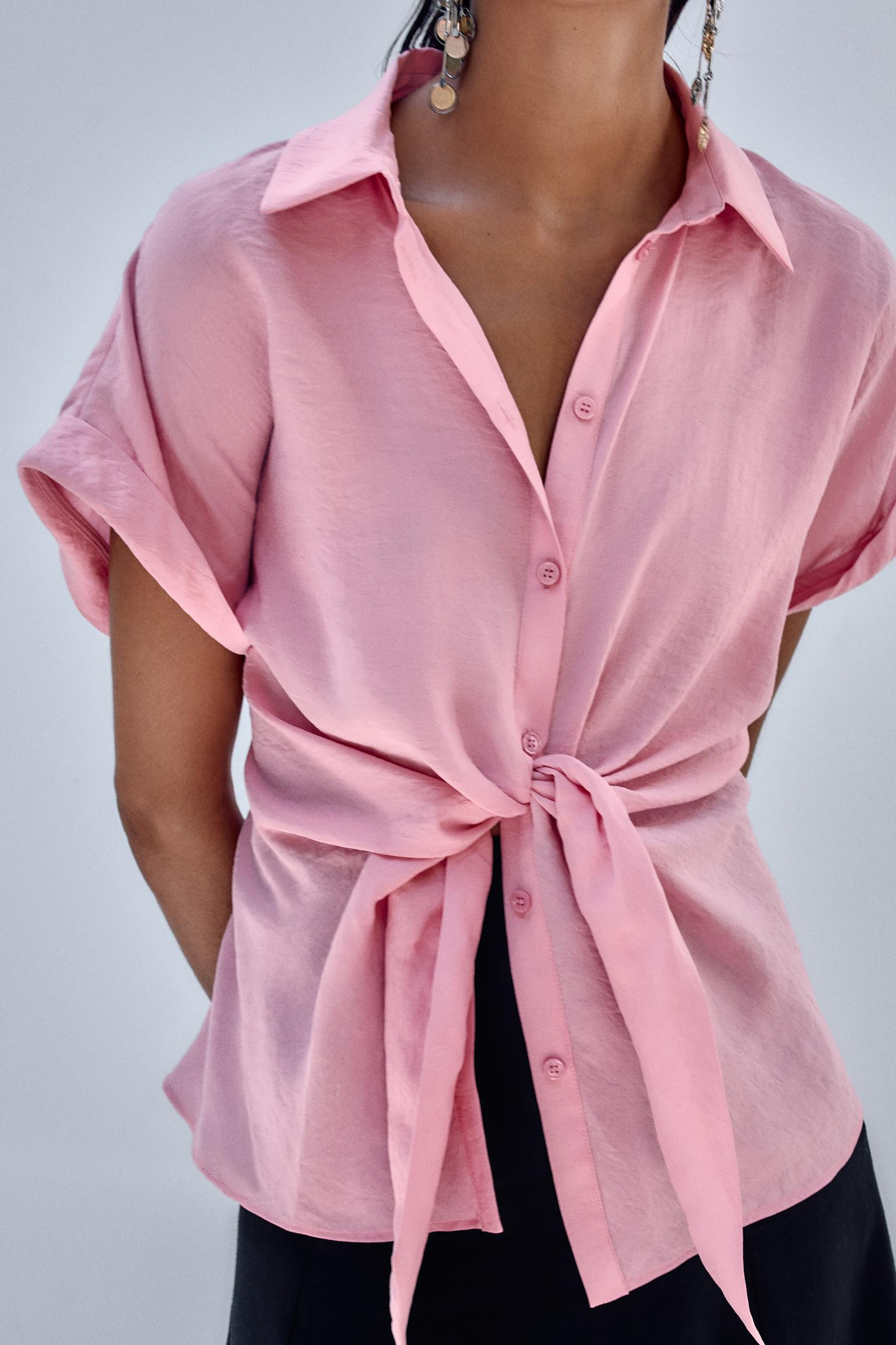 Collared shirt with short turn-up sleeves. Featuring a button-up front and knot detail. | Zara US