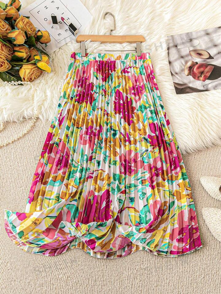 SHEIN VCAY Plus Size Women Floral Printed Pleated Mid-Length Elegant Skirt With Vacation Style | SHEIN