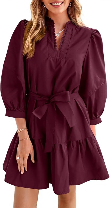 Cicy Bell Womens Puff 3/4 Sleeve Mini Dresses Bow Tie Waist Short Dress | Amazon (US)