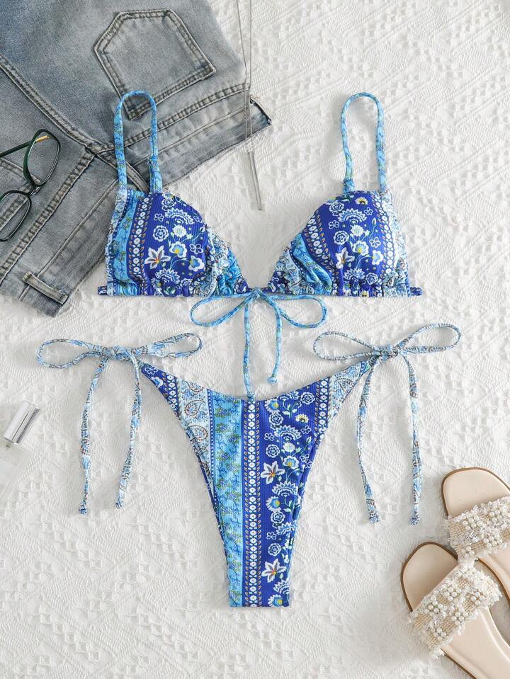 SHEIN Swim Summer Beach Floral Print Triangle Tie Side Bikini Set | SHEIN