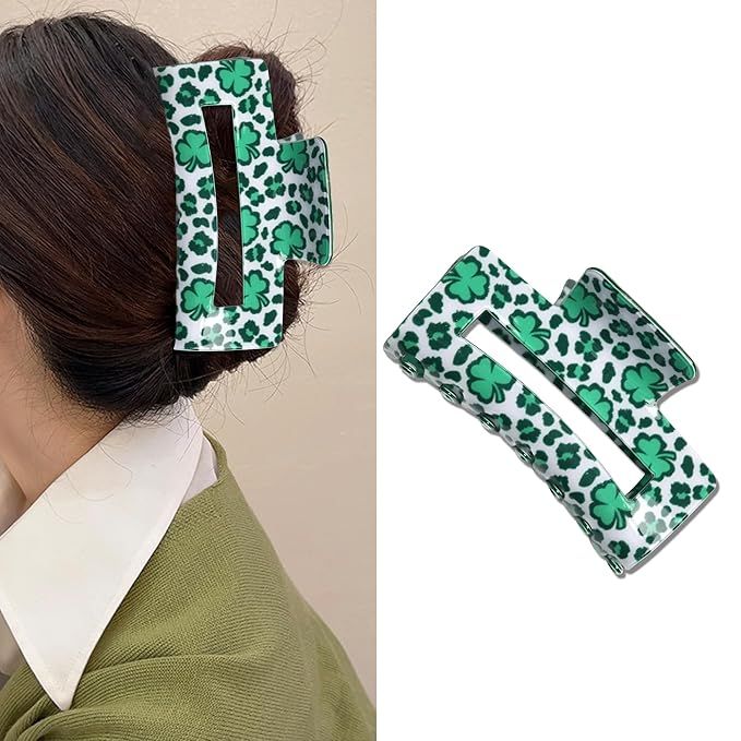 St. Patrick's Day Hair Clips Claw Green Clover Design White Square Claw Clips for Thick Hair Girl... | Amazon (US)