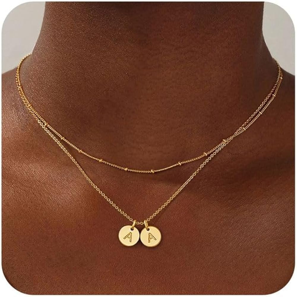 Turandoss Initial Necklaces for Women, Dainty 14K Gold Plated Layered Two Letter A-Z Stack Disc I... | Amazon (US)