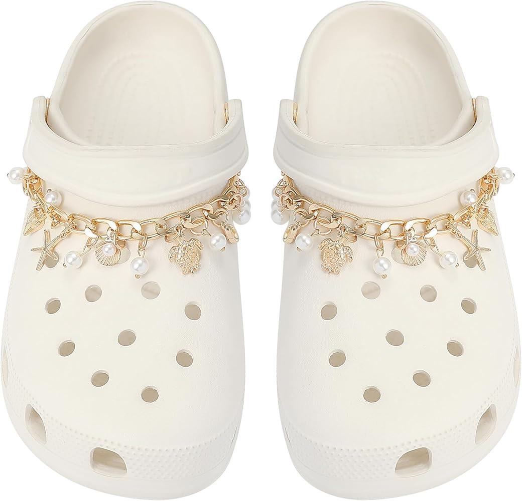2Pcs Bling Ocean Shoe Chains for Girls Summer Sandals, Golden Turtles, Shells Shoe Charms for Clo... | Amazon (US)