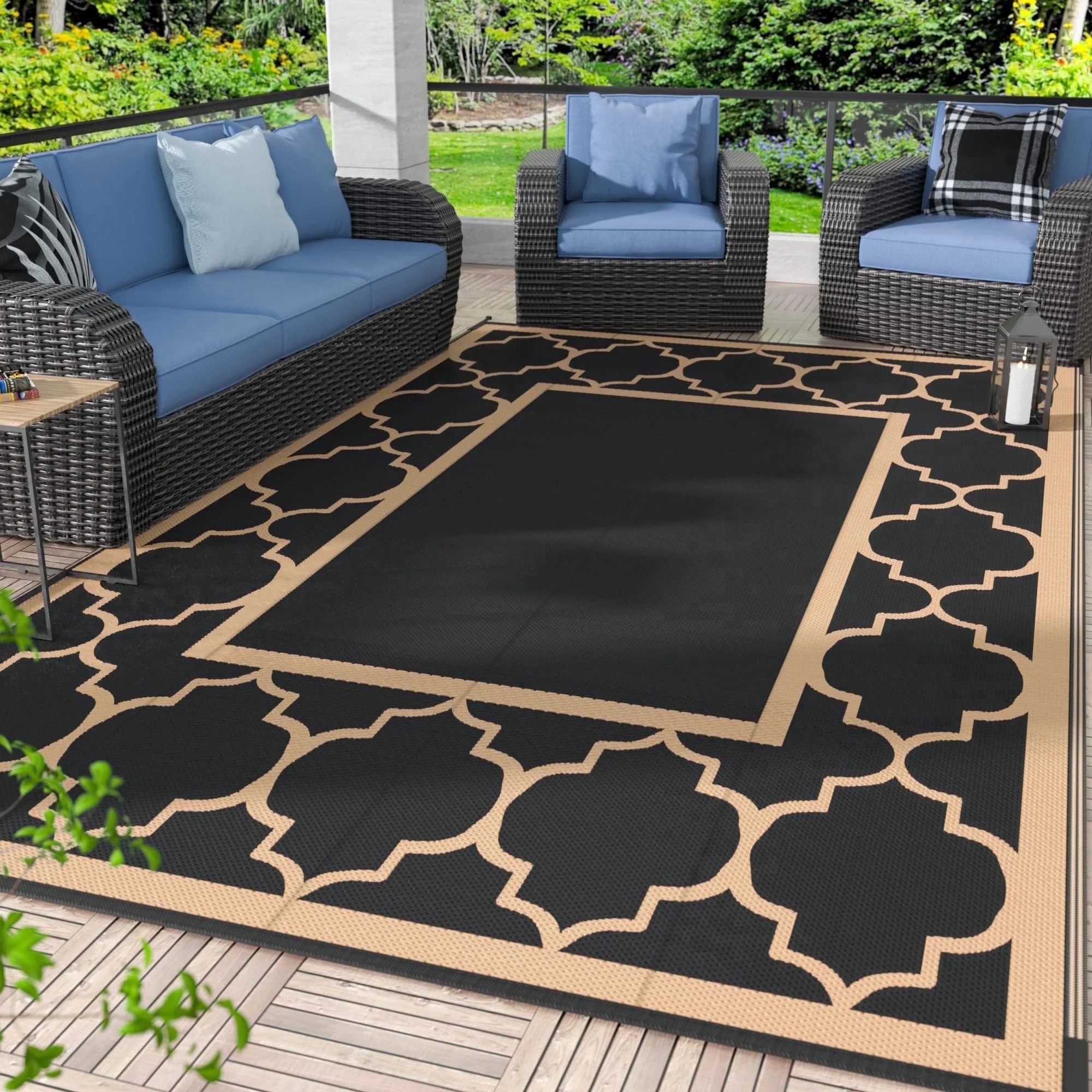 DEORAB 9'x12' Outdoor Rugs Waterproof Reversible Plastic Straw Patio Outside Carpet Camping RV Mat,Black & Brown - Walmart.com | Walmart (US)