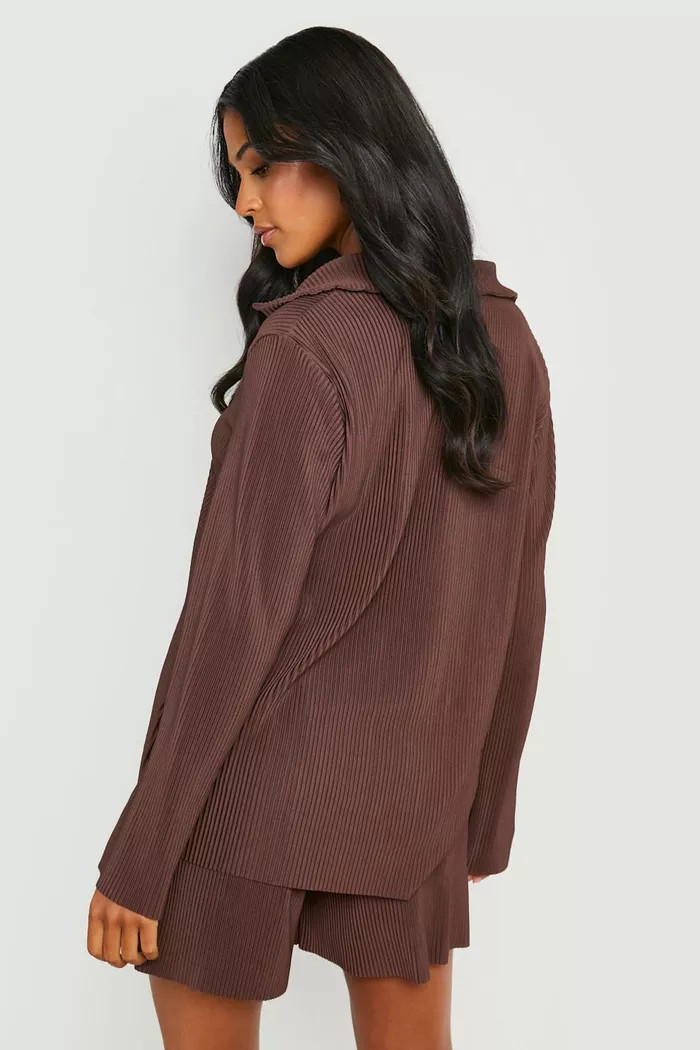 Brown Tall Long Sleeve Oversized Plisse Shirt | Boohoo.com (UK & IE)