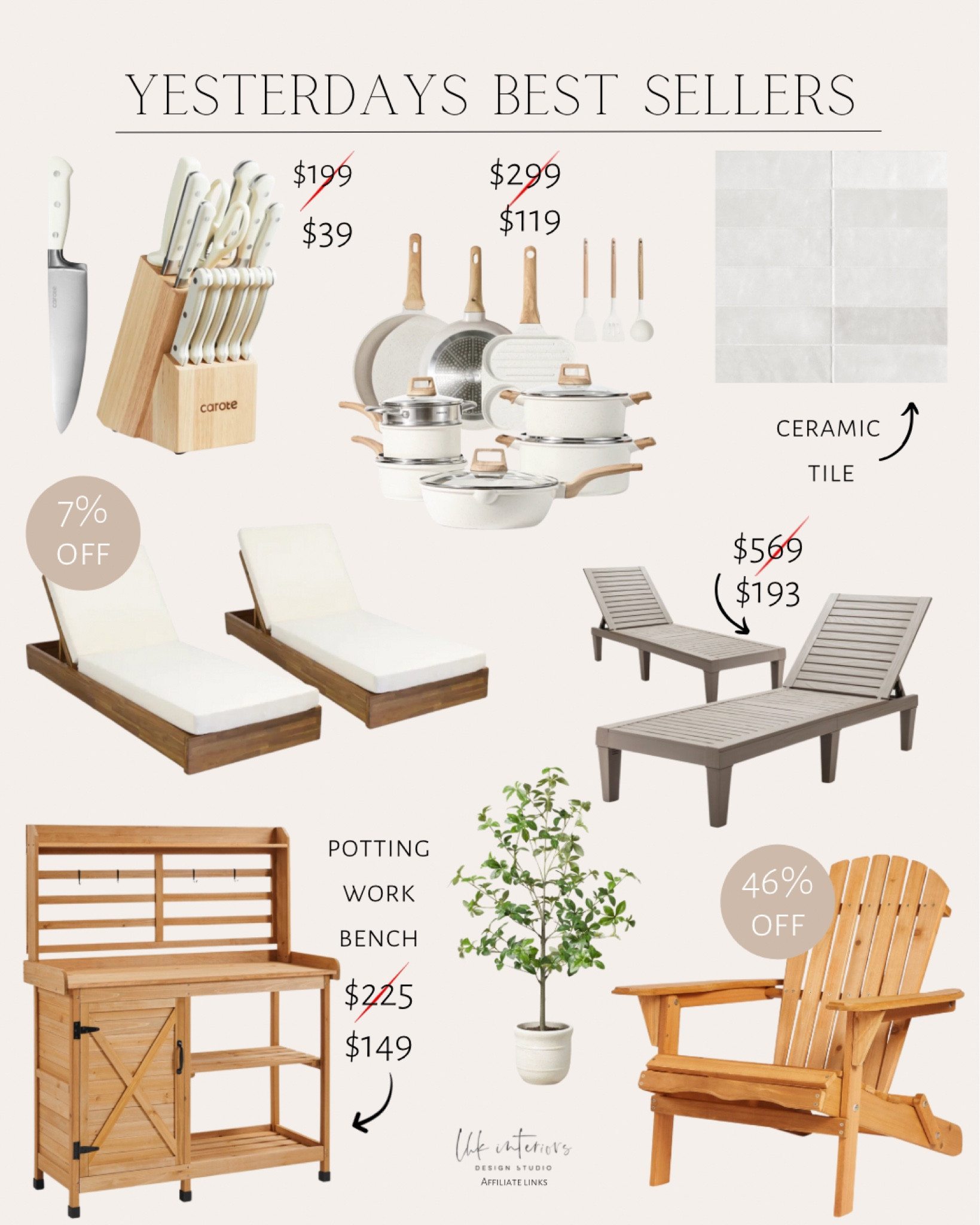 Yesterdays best sellers 
Carote nonstick pots and pans / carote knife set / potting work bench / ceramic tile / faux gypsophila leaf plant / Acacia chaise lounge set 

#LTKhome #LTKU #LTKsalealert
