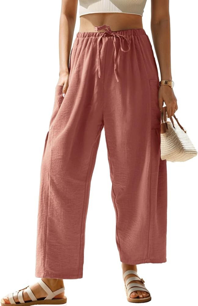 HWOKEFEIYU Women Wide Leg Pants Summer Casual Low Waist Loose Drawstring Harem Pants Beach Palazz... | Amazon (US)