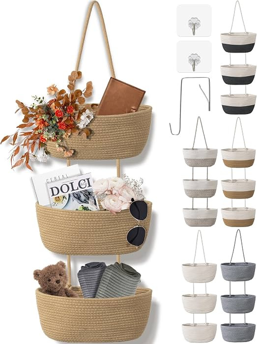 3 Tier Wall Mounted Woven Hanging Basket, Over the Door Hanging Basket with Hooks, Decorative Sto... | Amazon (US)