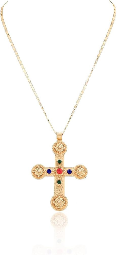 Big Cross Pendant Necklace for Women,Vintage Petal Patchwork Long Chain Necklace,Lightweight Reli... | Amazon (US)