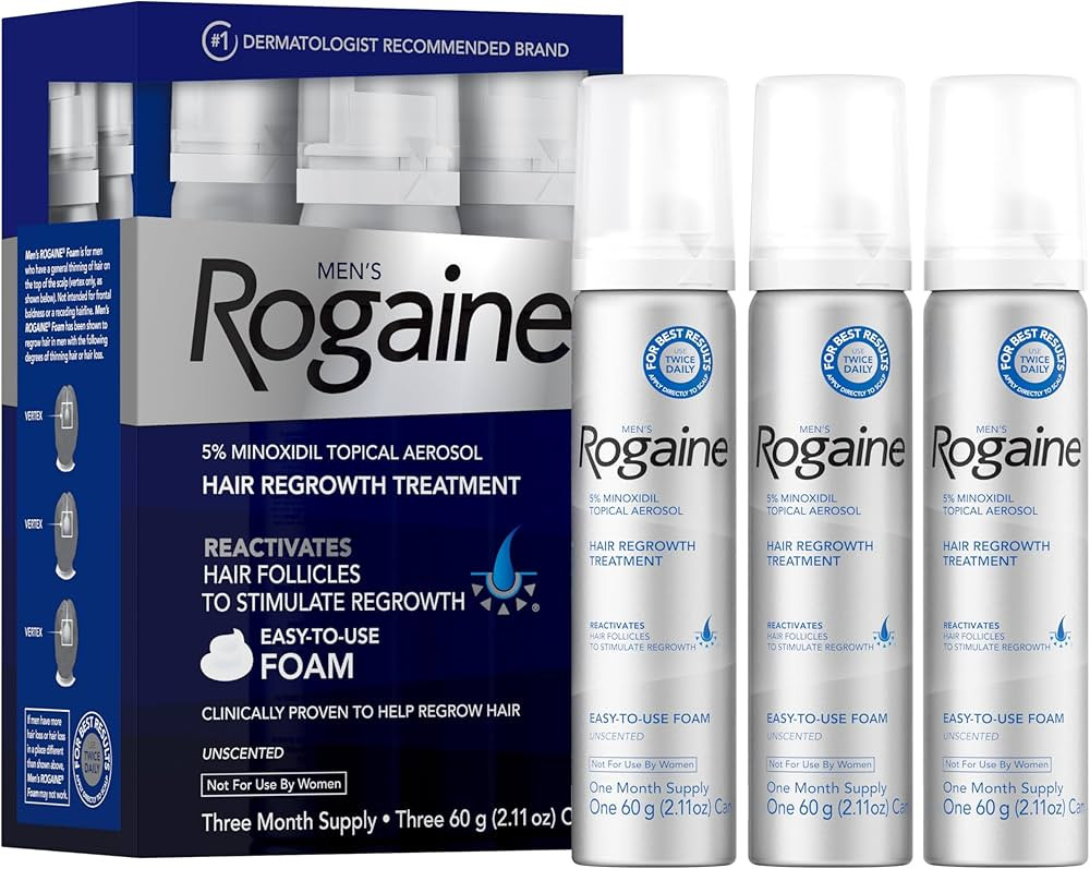 Men's Rogaine 5% Minoxidil Topical Aerosol Hair Regrowth Treatment Foam, 3 Month Supply (Each Can... | Amazon (US)