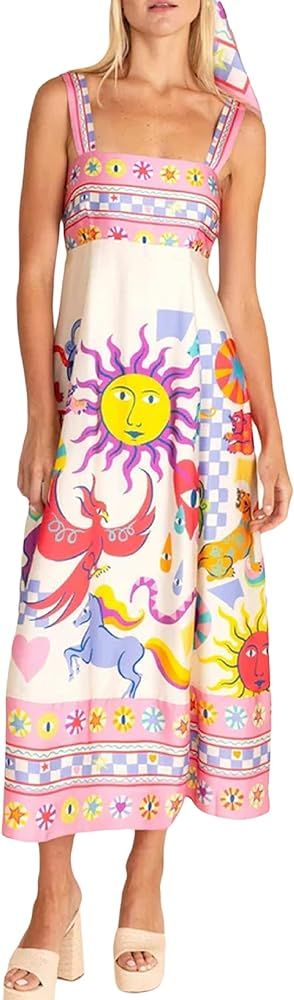 KMBANGI Women Spaghetti Strap Graffiti Maxi Dress Colorful Graphic A Line Swing Long Cami Dress B... | Amazon (US)
