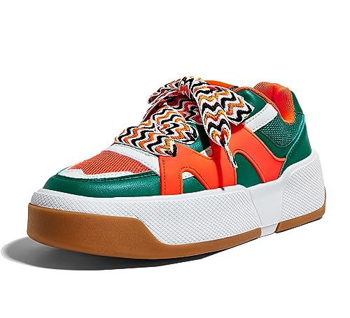 LUCKY STEP Women’s Platform Fashion Sneakers Lace up Casual Faux Leather Comfortable Thick Sole Tennis Walking Shoes (Green/Orange, 8.5 B(M) US) | Amazon (US)