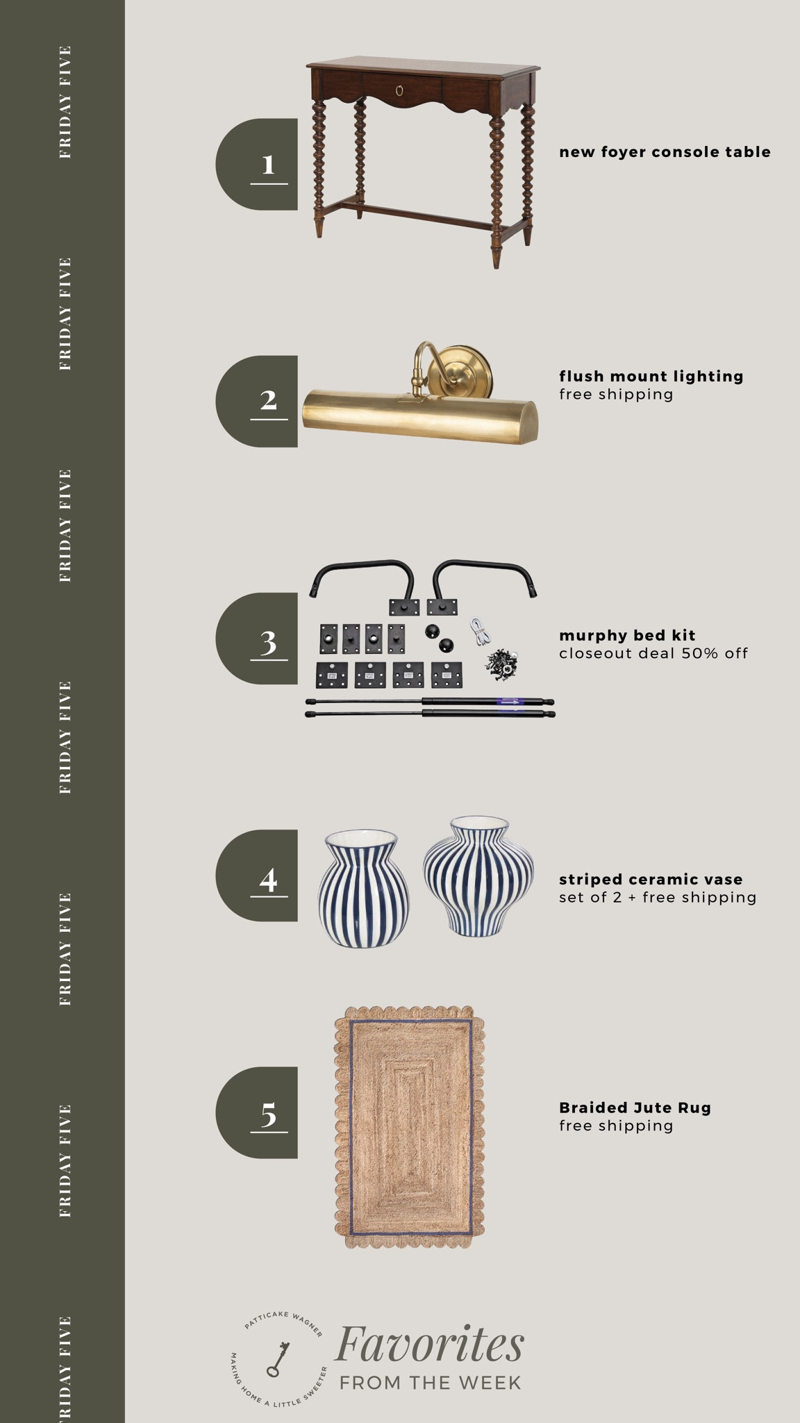 The Friday Five: your favorites from the week. | console table, gallery light, murphy bed kit, striped vase, scalloped jute rug |

#LTKHome #LTKStyleTip