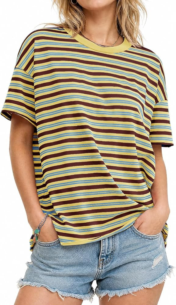 Fisoew Womens Striped T-Shirts Casual Short Sleeve Tee Color Block Drop Shoulder Workout Basic To... | Amazon (US)