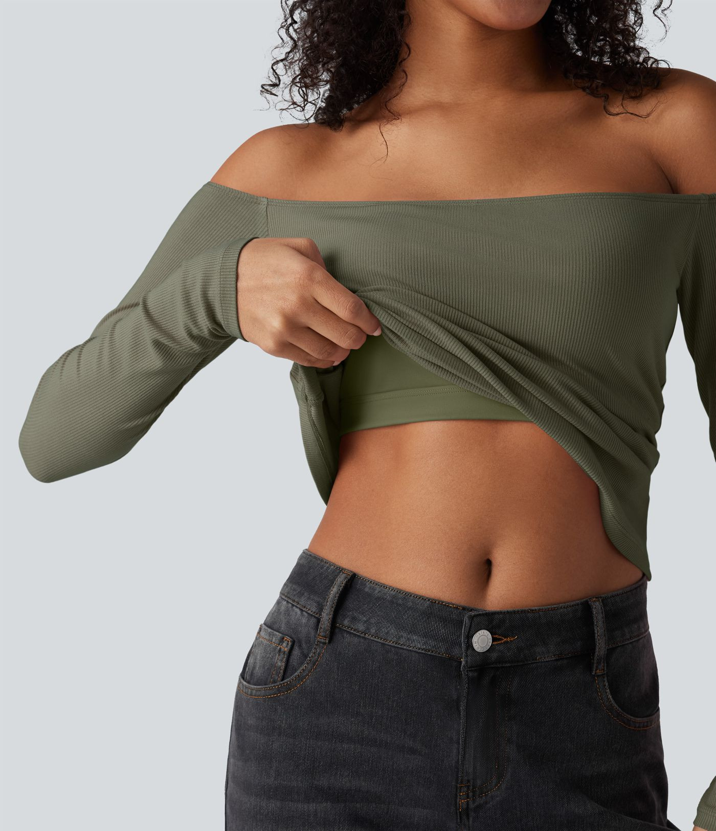 Women’s Ribbed Knit Off Shoulder Long Sleeve 2-in-1 Casual Top - Halara | HALARA