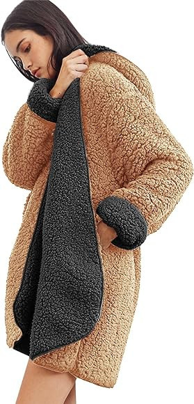 Les umes Women Hooded Cardigan Fuzzy Jacket Open Front Winter Fleece Coat Outwear with Pockets | Amazon (US)