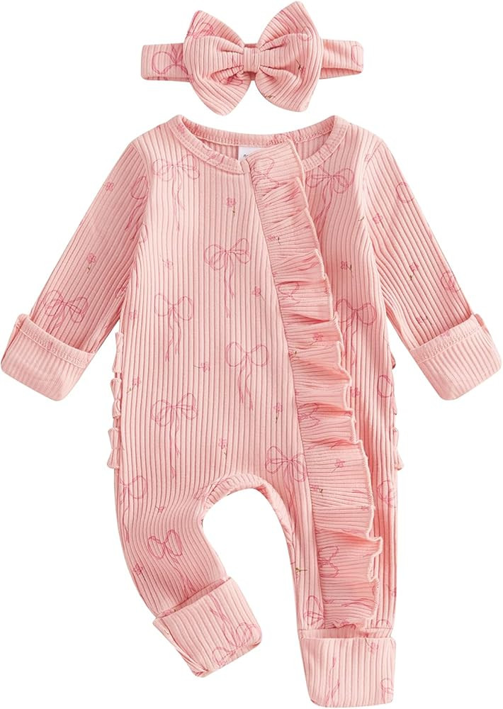 Socutebabe Newborn Baby Girl Coming Home Outfit Ruffle Romper Onesie Cute Ribbed Knit Jumpsuit Wi... | Amazon (US)