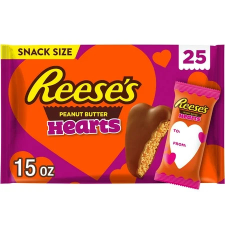 REESE'S Milk Chocolate Snack Size Peanut Butter Hearts, Kids Valentine's Day Candy Classroom Bag, 15 oz (25 Pieces) | Walmart (US)