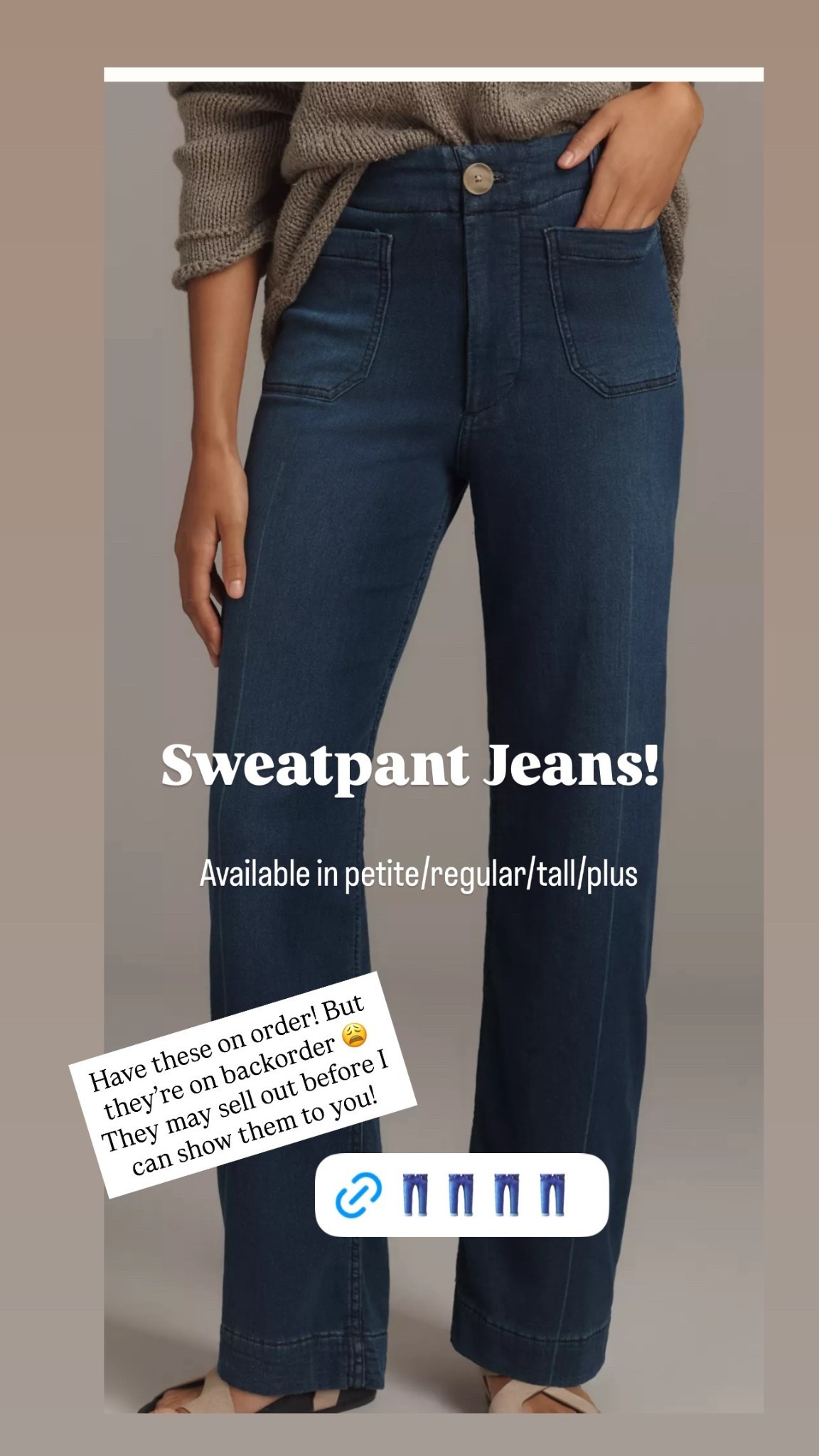 Have these on order! But they’re on backorder 😩
They may sell out before I can show them to you! 
Sweatpant Jeans! 
 Available in petite/regular/tall/plus