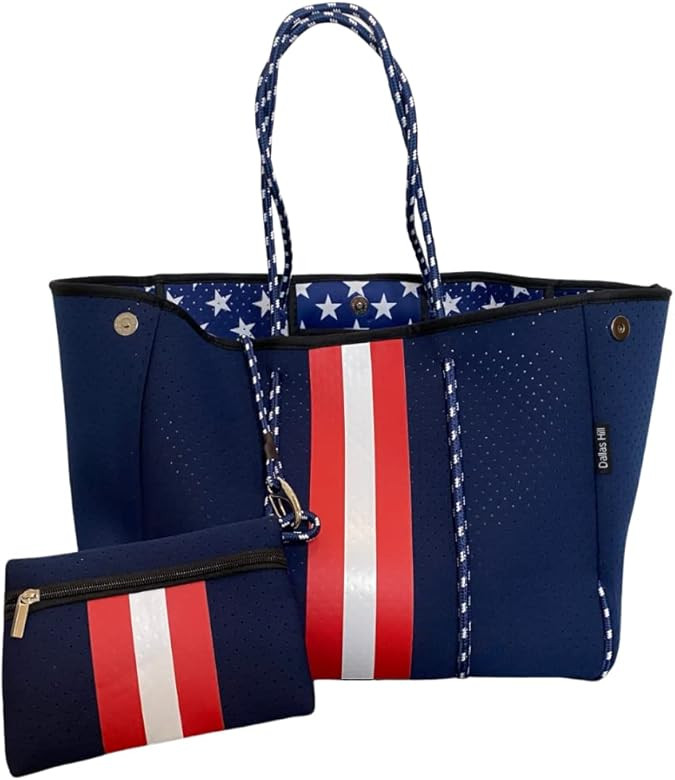 Neoprene Large Tote Bag Weekender Red White Blue Interior Stars for Women Travel Beach Pool XLarg... | Amazon (US)