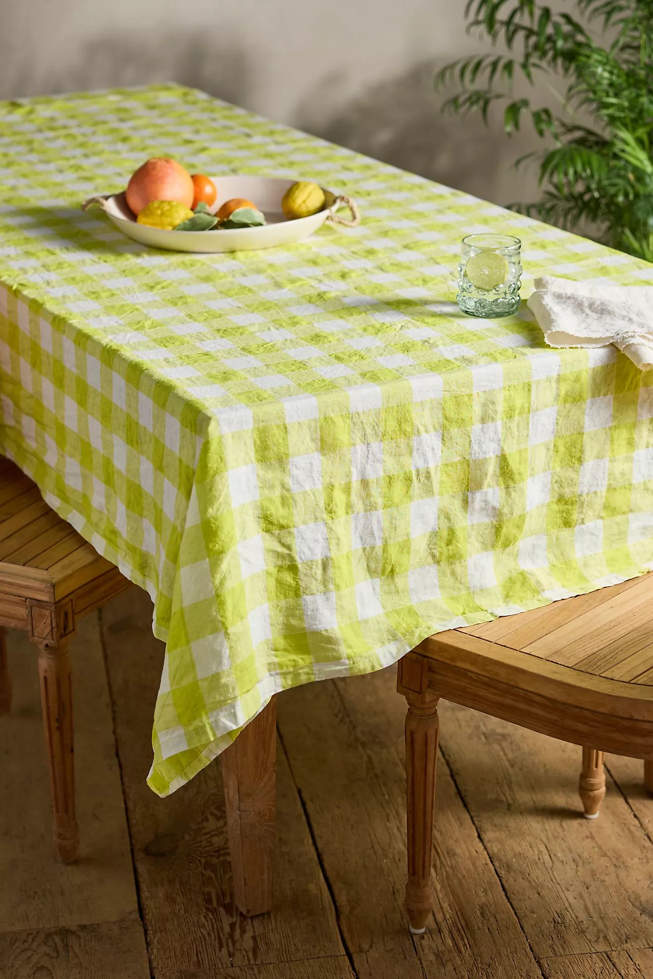 Society of Wanderers Linen Tablecloth, Lemon Gingham | Terrain