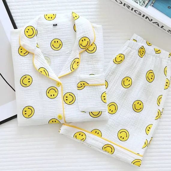 Smiley Face Cotton Pyjamas  Adults Gauze Short-sleeved Shorts | Etsy | Etsy (US)