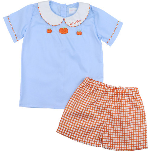 Blue and Orange Windowpane Embroidered Pumpkin Short Set | Cecil and Lou