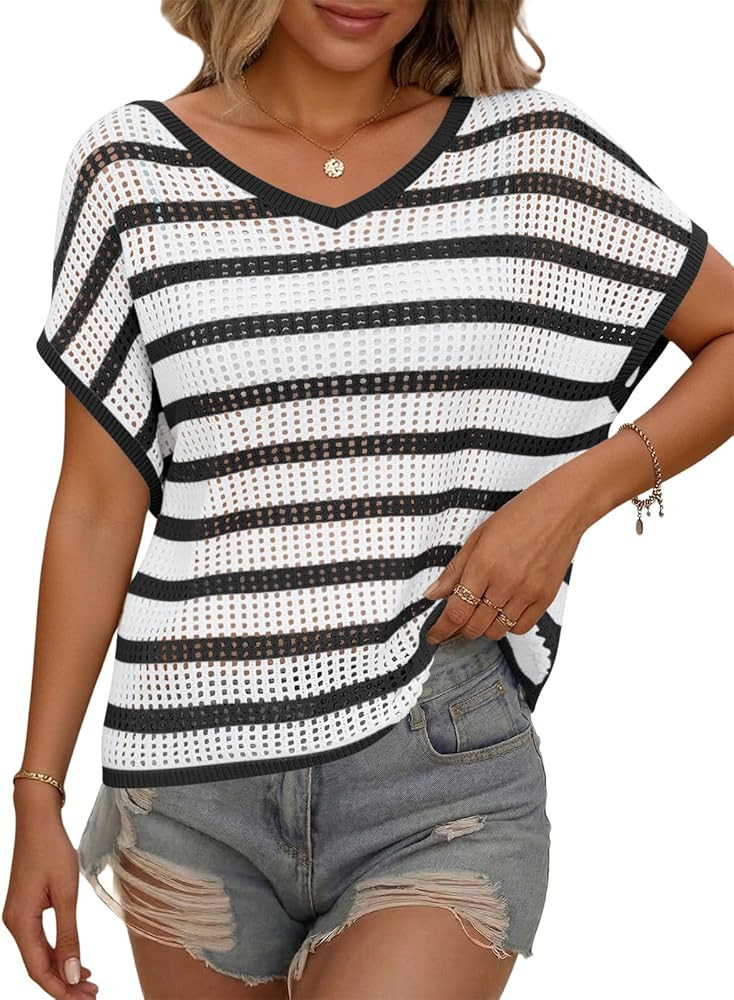 Yousify Womens Summer Crochet Tops Cap Sleeve Knit Pullover Sweater Vest V Neck Cover Ups Beach V... | Amazon (US)