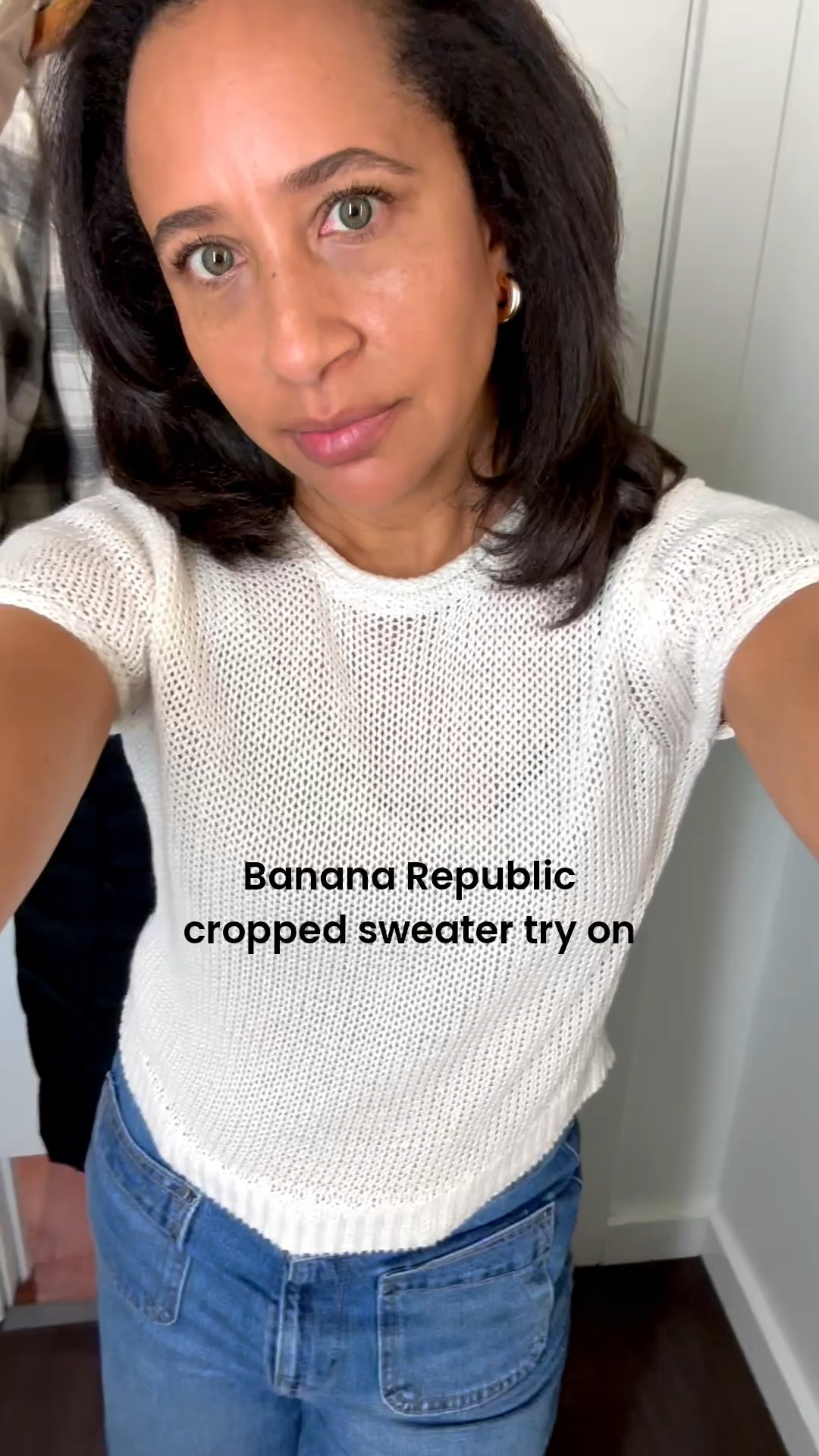 Did a try on at Banana Republic of several styles that caught my eye, I liked this one because of the texture and the cropped bottom. The little cap sleeves make it very cute and the cropped bottom is right at a high jean waist line, which makes it very flattering. I love the feel of the material, it is like an open knit so either you will see right through it to a fancy bra or you want to wear a little something like I did, a light camisole underneath.

#LTKOver40 #LTKootd #LTKFindsUnder100