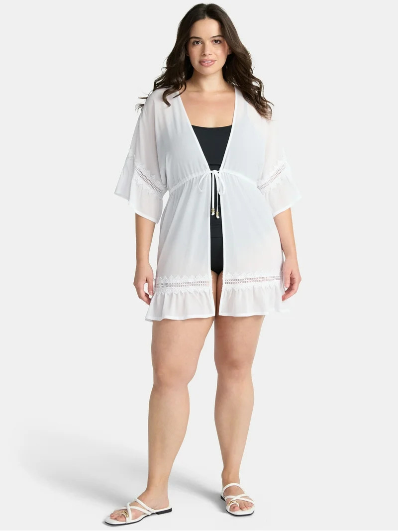 Time and Tru Women's and Women's Plus Chiffon Ruffle Trim Swim Coverup, Sizes XS-3X | Walmart (US)