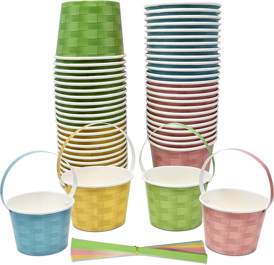 48 Count Pastel Mini Easter Basket Treat Snack Cups 10 Oz with Handle Woven Wicker Pink Blue Yell... | Amazon (US)