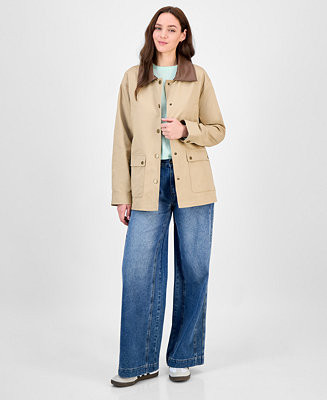 Juniors' Contrast-Collar Snap-Front Barn Jacket | Macy's