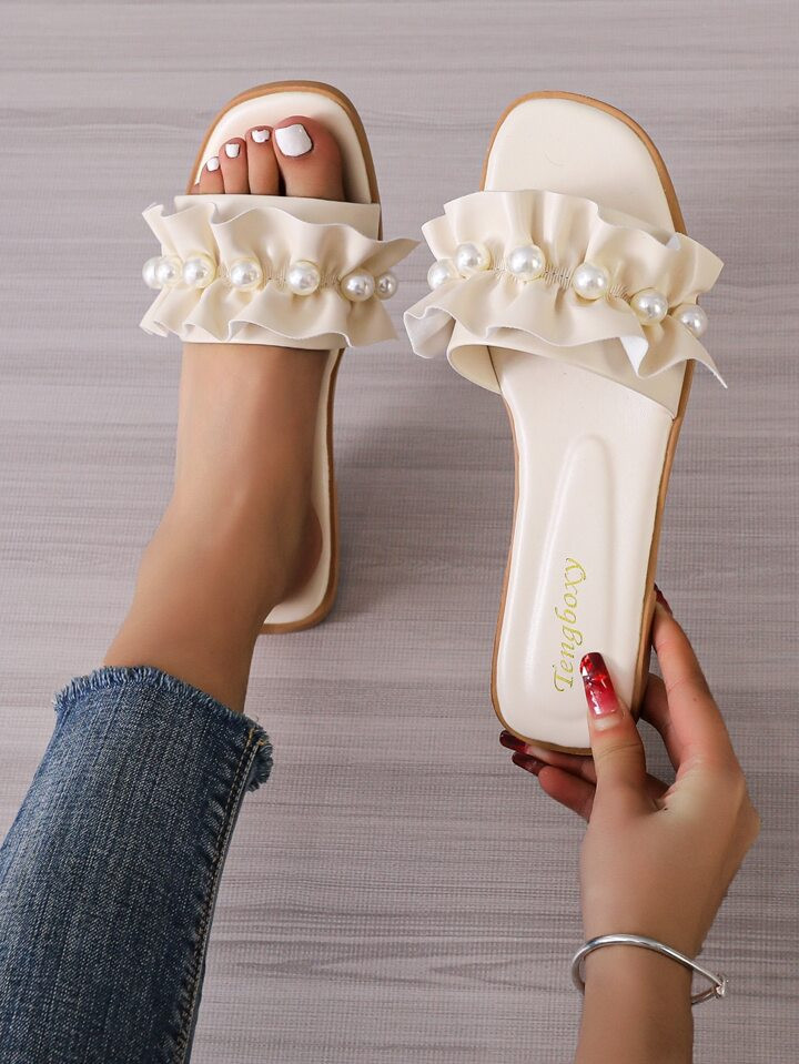 Fashion Beige Slide Sandals For Women, Faux Pearl Decor Ruffle Detail Sandals | SHEIN