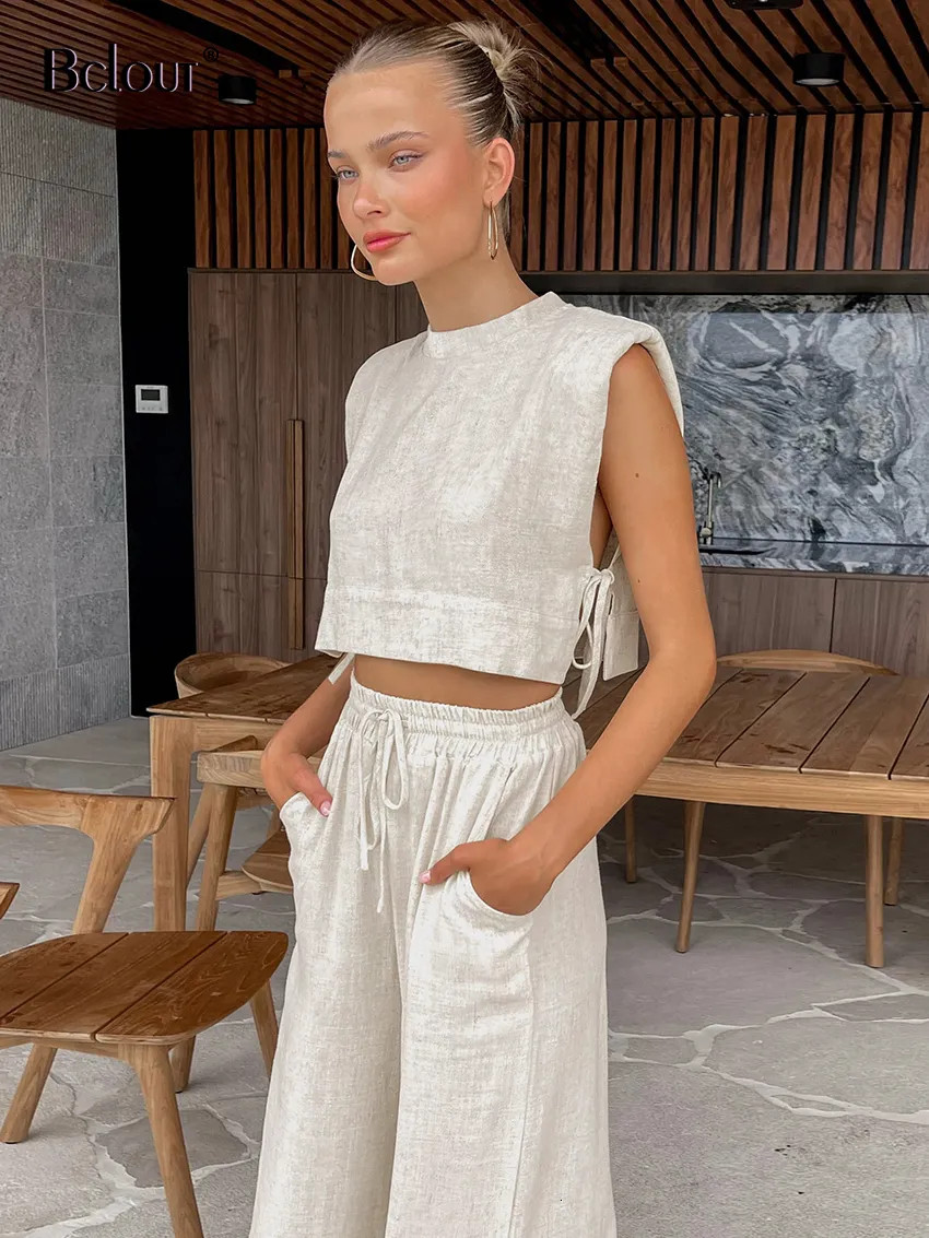 Women s Pants s Bclout Summer Khaki Linen Set 2 Piece Fashion Sexy Lace Up Crop Tops Vacation Ela... | DHGate