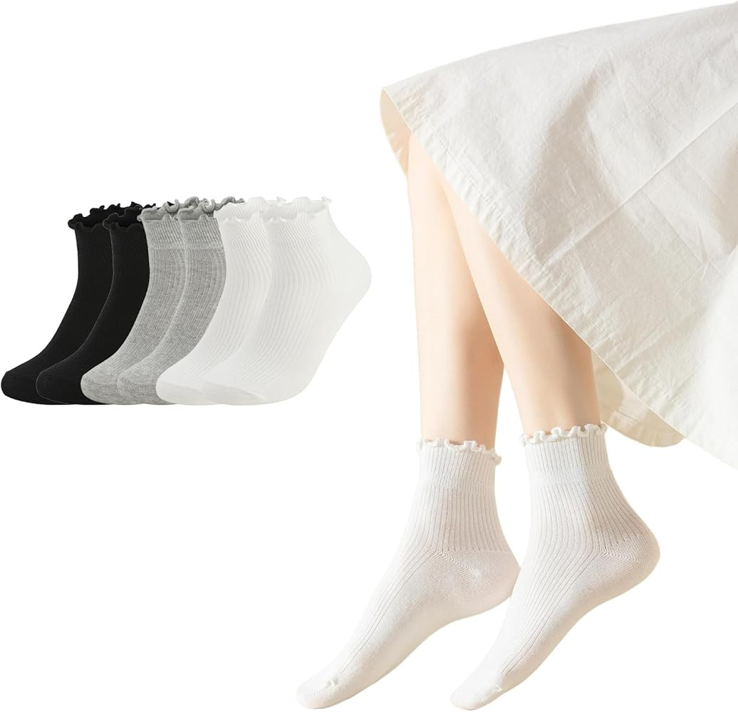 6 Pairs Ruffle Socks for Women Girls,Casual Cute Ankle Socks Breathable Knit Cotton Warm Soft Fri... | Amazon (US)