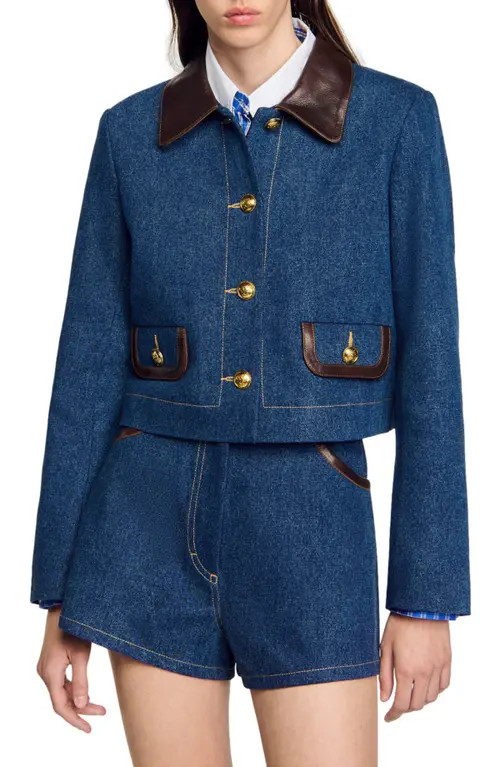 SANDRO Denim jacket with leather collar in Blue at Nordstrom, Size 36 Eu | Nordstrom