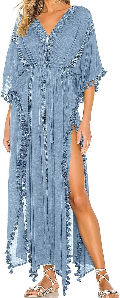 Jumppmile Women Tassel Maxi Long Chiffon Pullover Drawstring Beachwear Cover Up Dress for Swimwea... | Amazon (US)