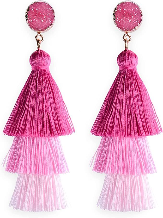 BELMARTI Colorful Christmas Tree Layered Tassel Earrings, Druzy Stud Bohemian Dangle Drop Earring... | Amazon (US)