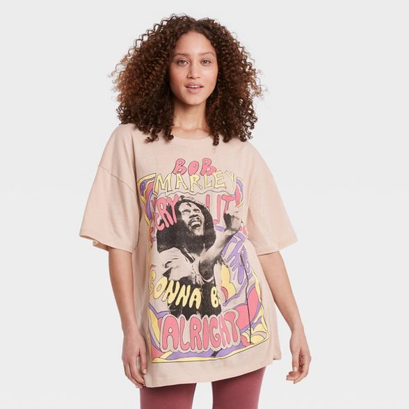 Women's Bob Marley Short Sleeve Graphic T-Shirt Dress - Tan | Target