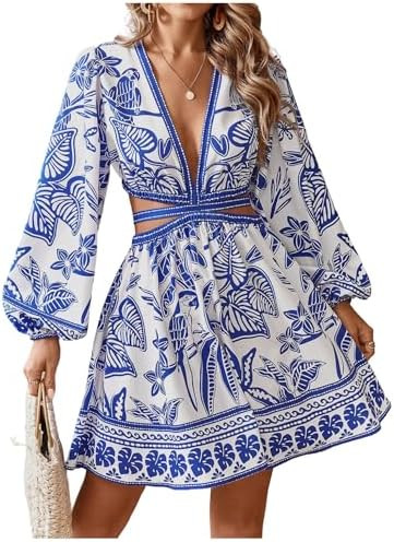Floerns Women's Tropical Bishop Sleeve Mini Dress Cut Out Tie Back V Neck Beach A Line Dresses | Amazon (US)
