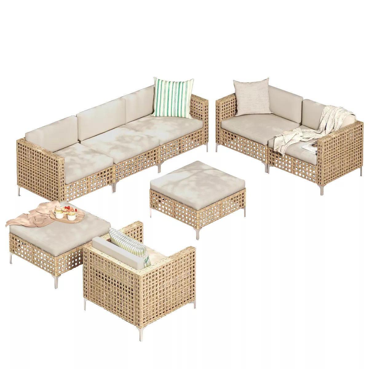 Rbied 7-Piece Wicker Outdoor Sofa Sectional Set Conversation Sets with Khaki Cushions and Footsto... | Target
