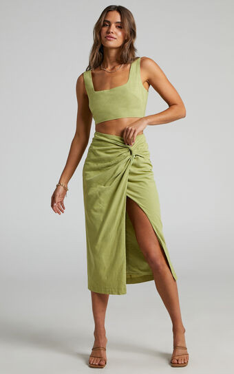Gibson Two Piece Top and Skirt Set - Linen Crop Top and Knot Front Midi Skirt Set in Celery | Showpo (US, UK & Europe)